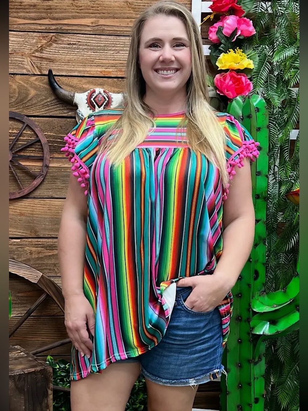 Vibrant Multicolor Stripe Pom-Pom Sleeve Women’s Top NIP